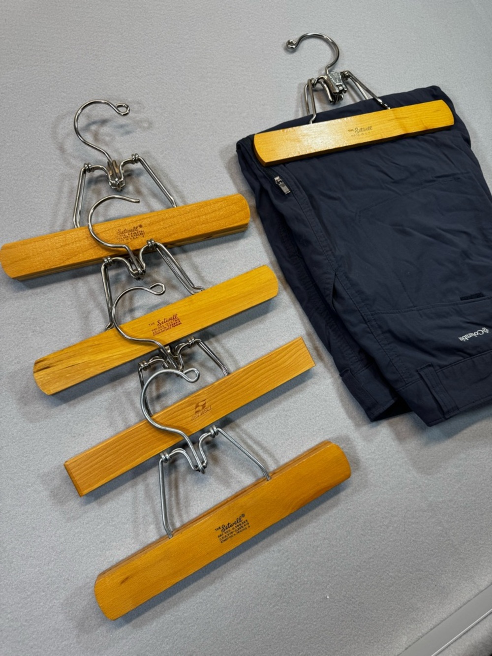 Vintage Wooden Clamp Hangers with Metal Hardware - Natural Wood